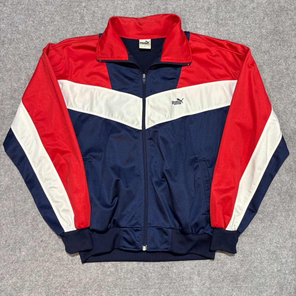 Vintage Puma Track Jacket Navy Red White Colorblock Full Zip Mens L Retro